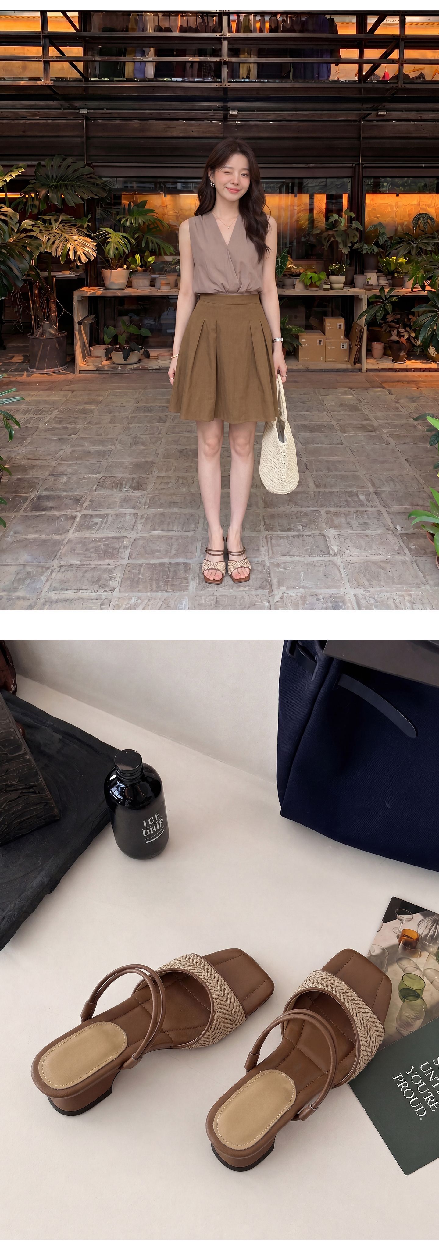 Sandal nữ quai đan mũi hở gót vuông dị hình phong cách nghỉ dưỡng — màu trắng ngà, màu mơ chi tiết 12