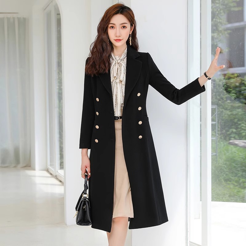 2023 new professional suit wool coat female winter temperament French retro mid-length black waist jacket