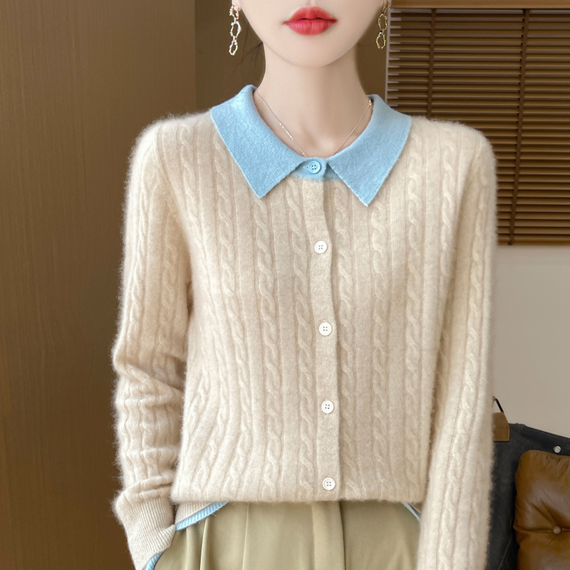 Cross-Border Wholesale New Style Polo Collar Faux Two-Piece Women's Knitted Cardigan Jacket Color-Blocking Sweater Autumn and Winter Layering Top Cross-Border Wholesale New Style Polo Collar Faux Two-Piece Women's Knitted Cardigan Jacket Color-Blocking Sweater Autumn and Winter Layering Top