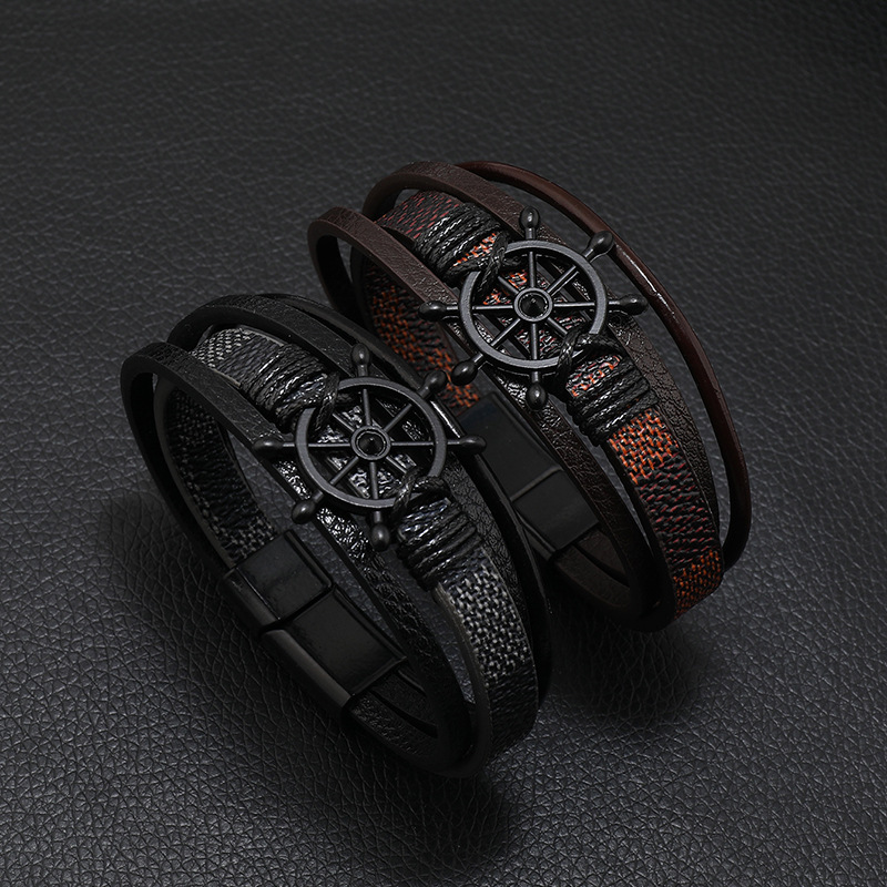 25g Weight Bangle Classification 1 Piece Quantity Daily, Street Occasion Pu Leather, Alloy Material Rudder Pattern Men's Gender Retro Style Retro Rudder Pu Leather Alloy Men's Bangle Men Cord & Leather Bracelets 无