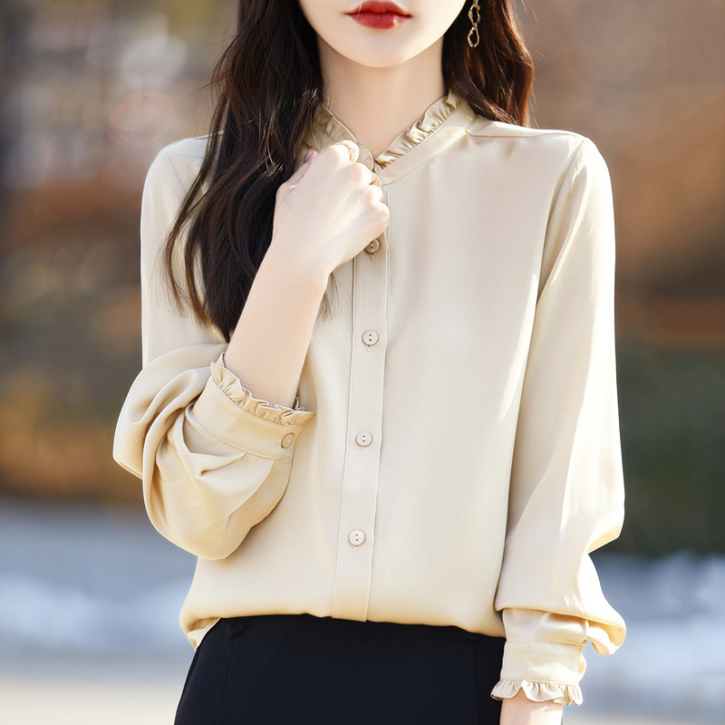 Spring/Summer 2024 New Style Wood-ear Solid Color Long-sleeved Shirt Women's Lace Collar Elegant Shirt High-grade Top