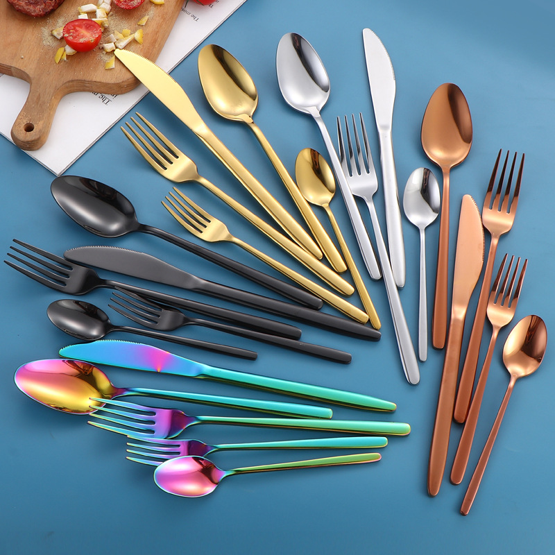 Productos de comercio electrónico transfronterizo cuchillo de acero inoxidable tenedor cuchara conjunto de cola redonda 5 piezas principales cuchillo de filete tenedor cuchara de comida tenedor cuchara de postre tenedor