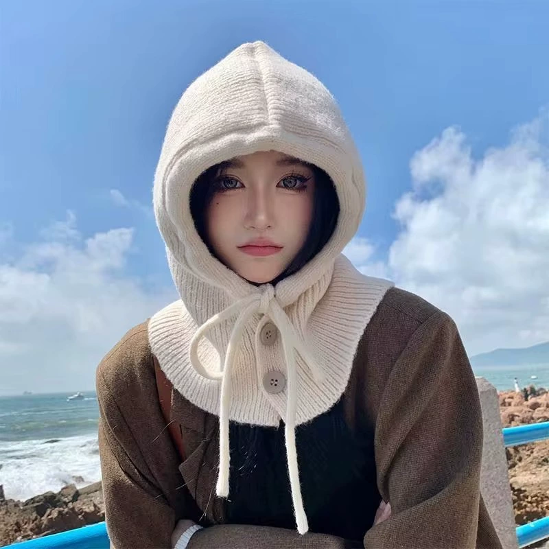 Зимняя вязаная шапка-худи 2025 года, кросс-бордерная новинка европейской и американской моды, два в одном (шапка-шарф)