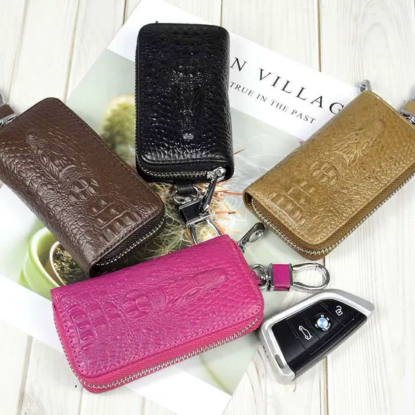 Top Layer Cowhide Door Key Case Genuine Leather Crocodile Head Trendy Zipper Universal Car Key Case