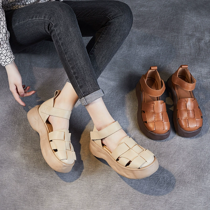 Summer leather sandals platform, woven slide, genuine slippers, beach footwear, cowhide
