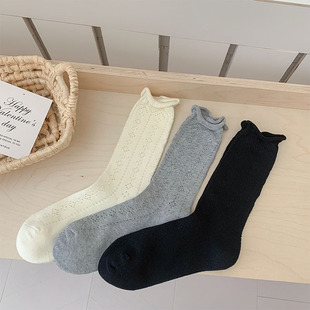 Korean Style Sweet Hollow Mesh Breathable Socks Women's Spring and Summer Thin Solid Color Curled All-match Mid-barrel Stacked Socks