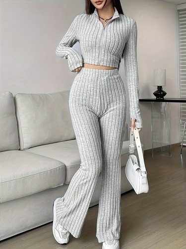 Fashion Pure Color Ribbed Two-Piece Set: Zipper Long-Sleeve Short Top and High-Waist Bell Bottom Pants Set for Women Casual