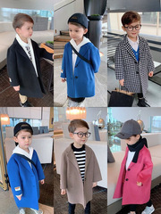 Children's Autumn and Winter Collection New Korean Style Fleece-lined Thick Wool Blend Coat for Boys Mid-length Trench Coat Casual Top Suit