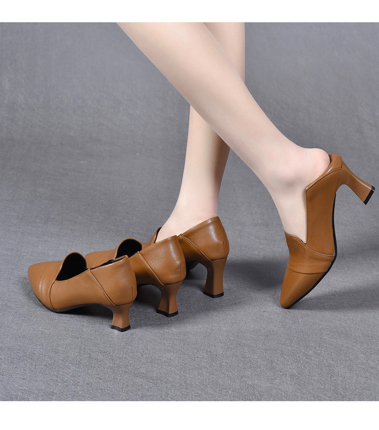 Giày cao gót nữ da thật mũi nhọn gót vuông 7 cm — Kaki 7 cm chi tiết 3