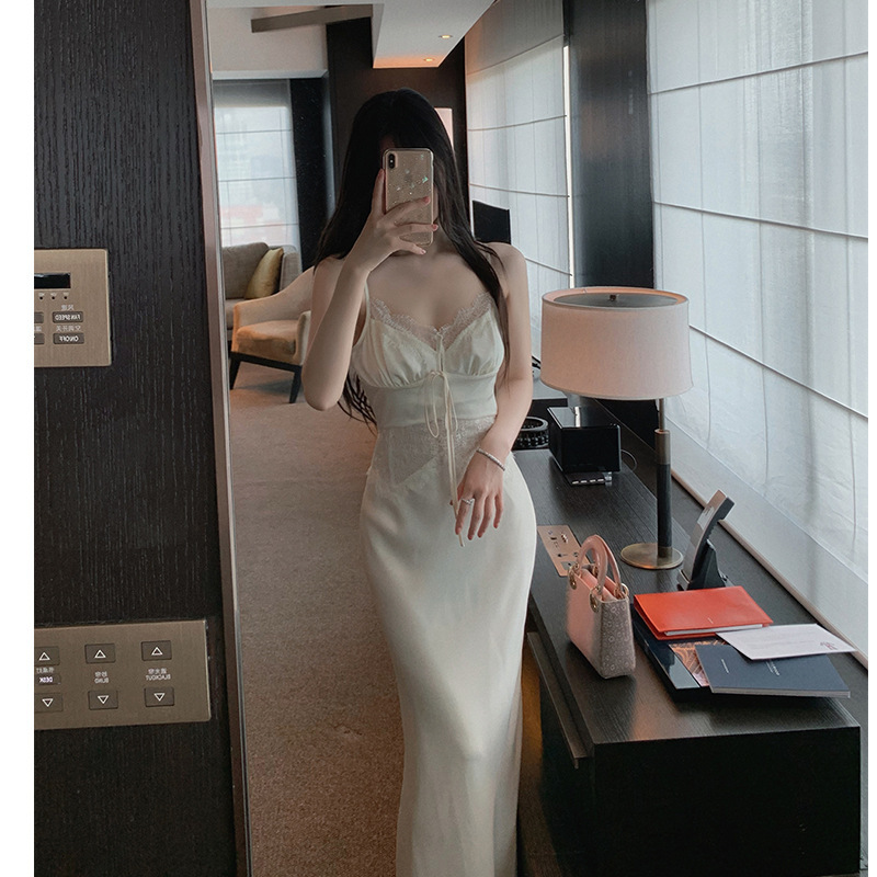 Temperament Sister's Aesthetic Tailoring Satin and Lace Suspender Dress Design Banquet Dress Without Temperament Sister's Aesthetic Tailoring Satin and Lace Suspender Dress Design Banquet Dress Without