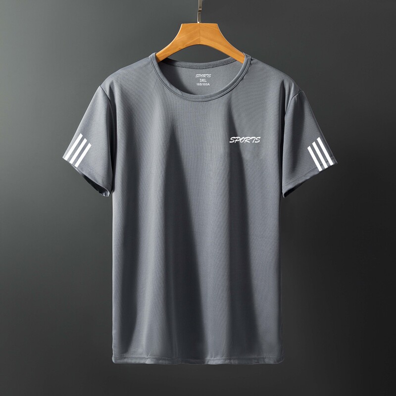 Men's Ice Silk Mesh Quick-Drying Short-Sleeved Shirt Summer Elastic Round Neck Large Size Trendy Brand New Fashion for Young and Middle-Aged People