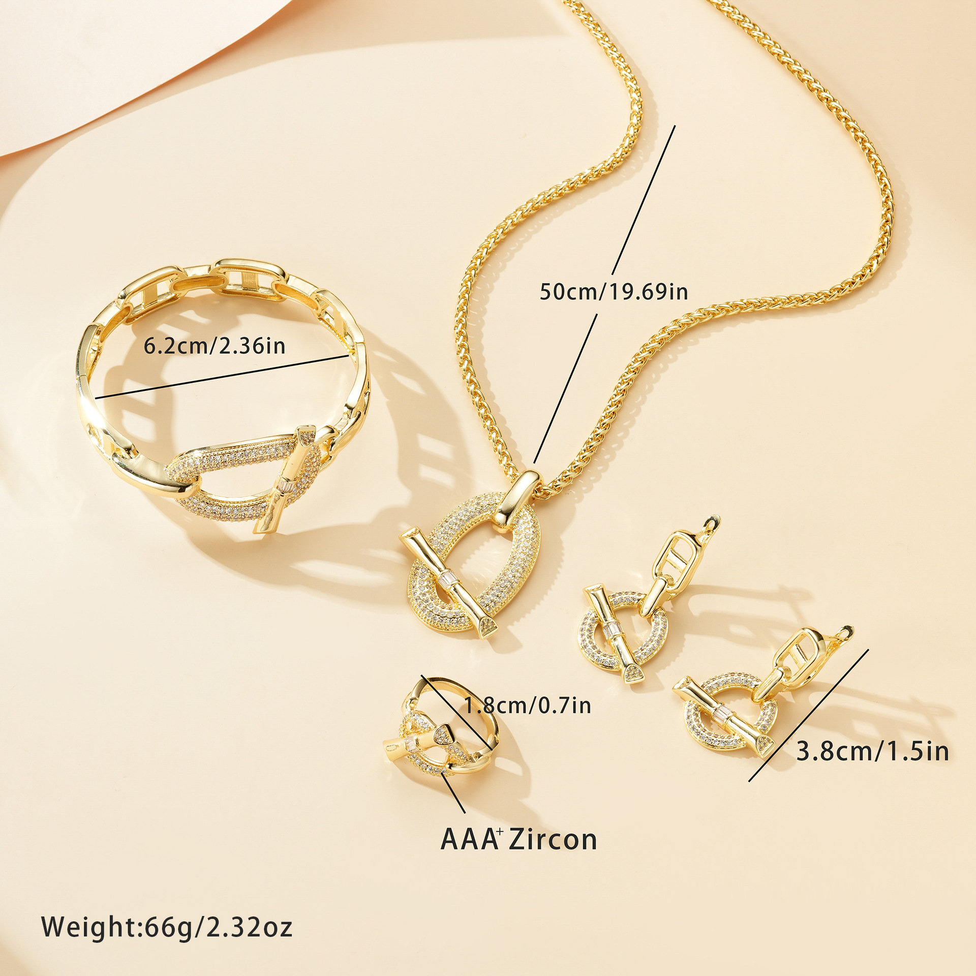 Europa y los Estados Unidos lujosos ins viento conjunto de joyería anillo brazalete collar bronce de bronce joyería de moda de alta gama cuatro piezas conjunto de mujeres