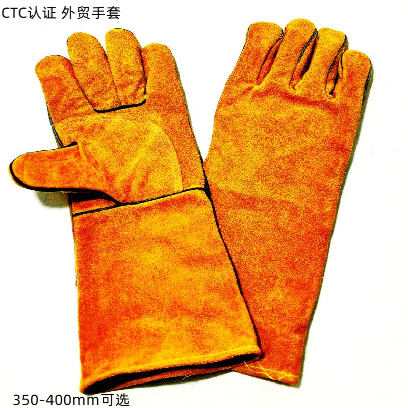 厂家供应16寸黄色二层牛皮3级耐磨加托款焊工手套跨境与出口贸易