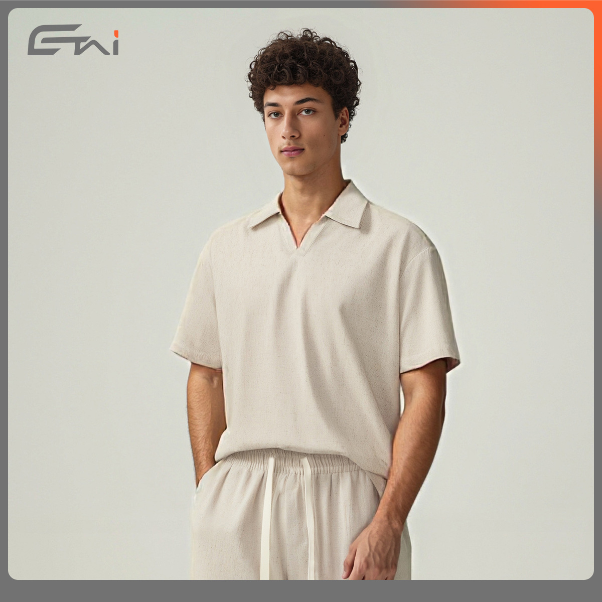 ETAI Hombre| Marca de marea transfronteriza polo con solapa suelta camiseta de lino y algodón de color sólido casual de cuello en V hombre mangas cortas image 4