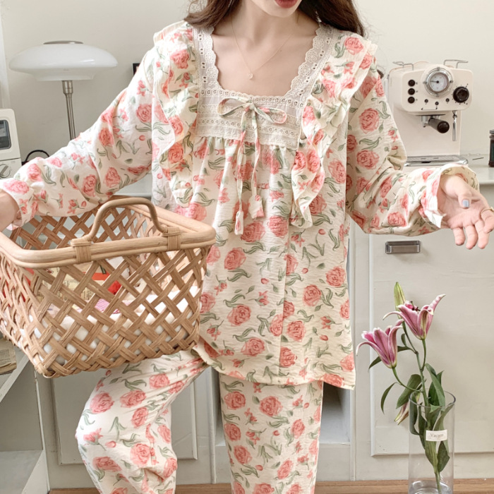 2023 nuevo deseo puro Otoño e Invierno pijamas chica tejida algodón fresco de manga larga dulce encaje inicio desgaste traje