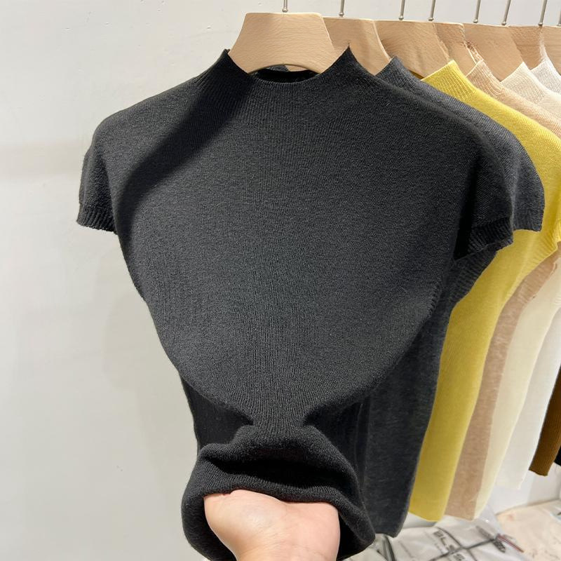 半高襟飛袖ニット服女性夏2025新型欧品修身袖なし上着底シャツ女性インナー|undefined