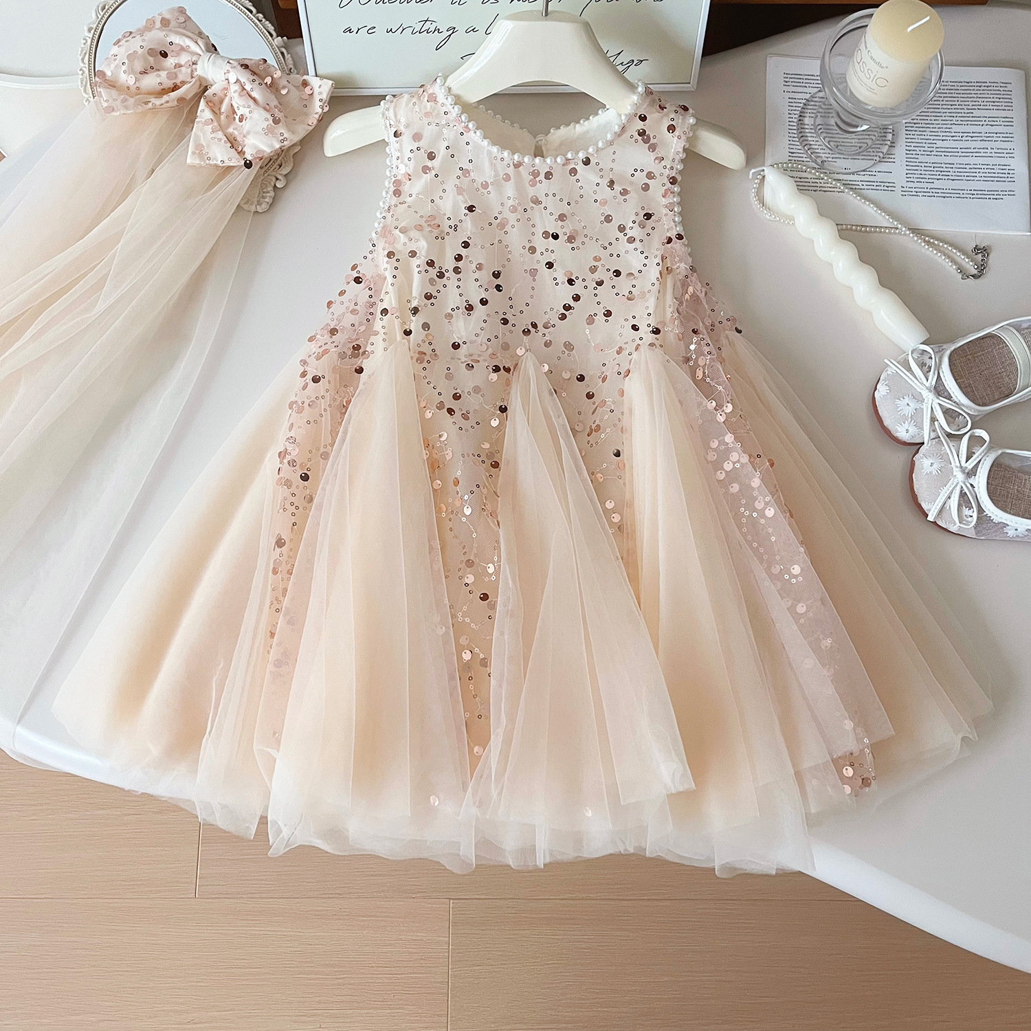 Robe de princesse en maille à paillettes pour filles, nouvelle version coréenne de l'été 2024, sans manches, 24329_voghion.com