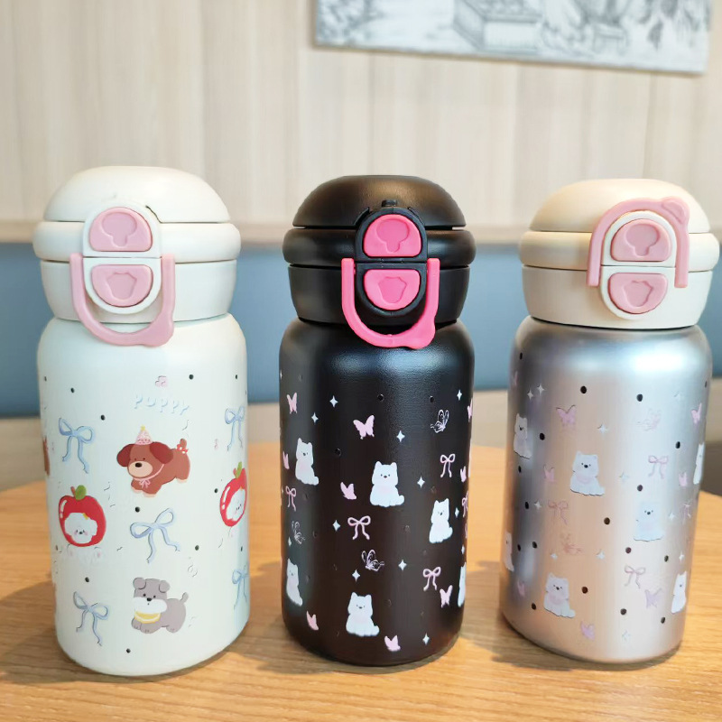 Inventario al por mayor encantador doble bebida taza de agua para niños taza de acero inoxidable rebote portátil taza de regalo de paja de alto valor facial