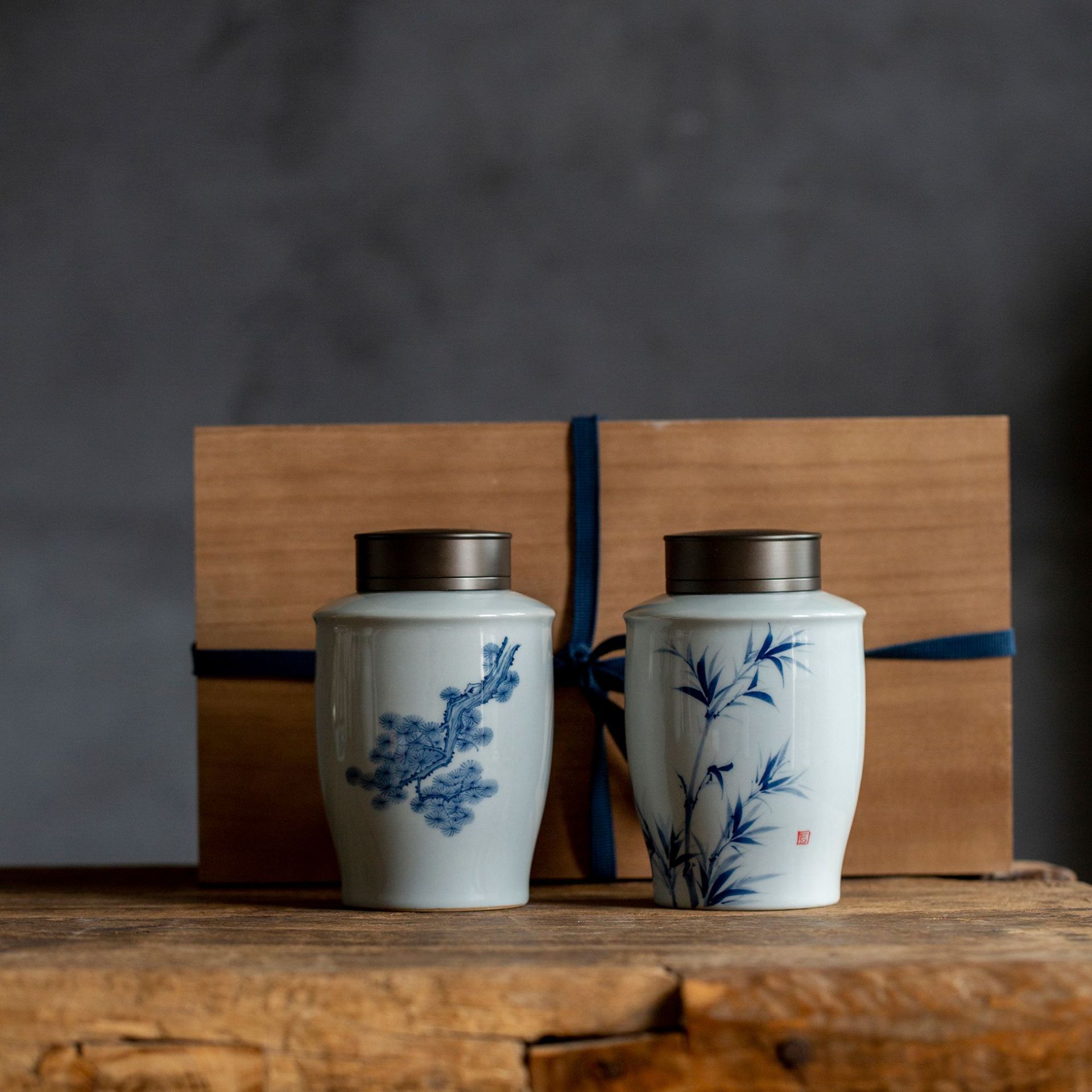 手绘陶瓷茶叶罐双罐茶叶包装盒木制礼盒岩茶小号密封罐存茶罐空罐