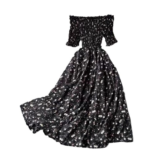 2025 Spring and Summer One-Shoulder Length Skirt High-Waist Slimming Knee-Length Full-Skirt Retro Floral Dress Cross-Border Direct Sales