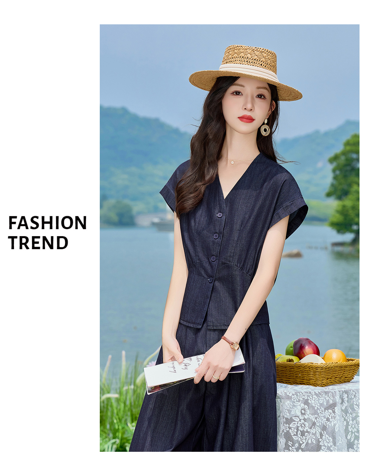 Bộ sơ mi tay dài kết hợp quần tây ống suông nữ hai mảnh mùa hè — Màu ảnh chi tiết 3