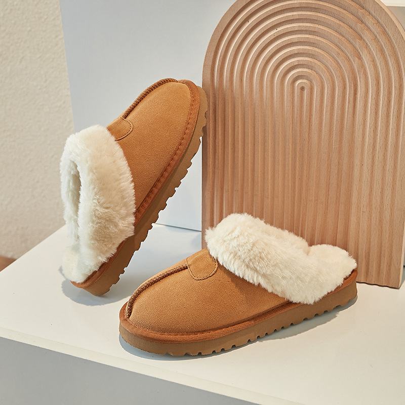 Furry Star Toe-Toe Slippers, Real Cowhide Foam Sole Warm Slippers, Cross-Border Foreign Trade Snow Boots Wholesale Half Slippers