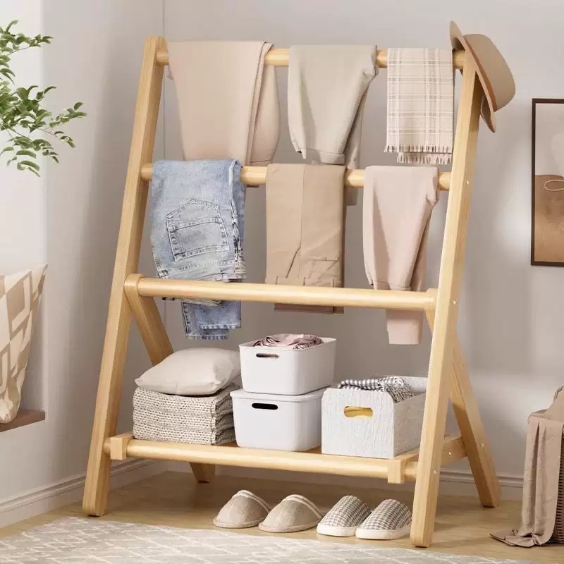 Foldable Clothes Rack Floor-Standing Bedroom Household Coat Rack Solid Wood Small Simple Vertical Clothes Drying Rack