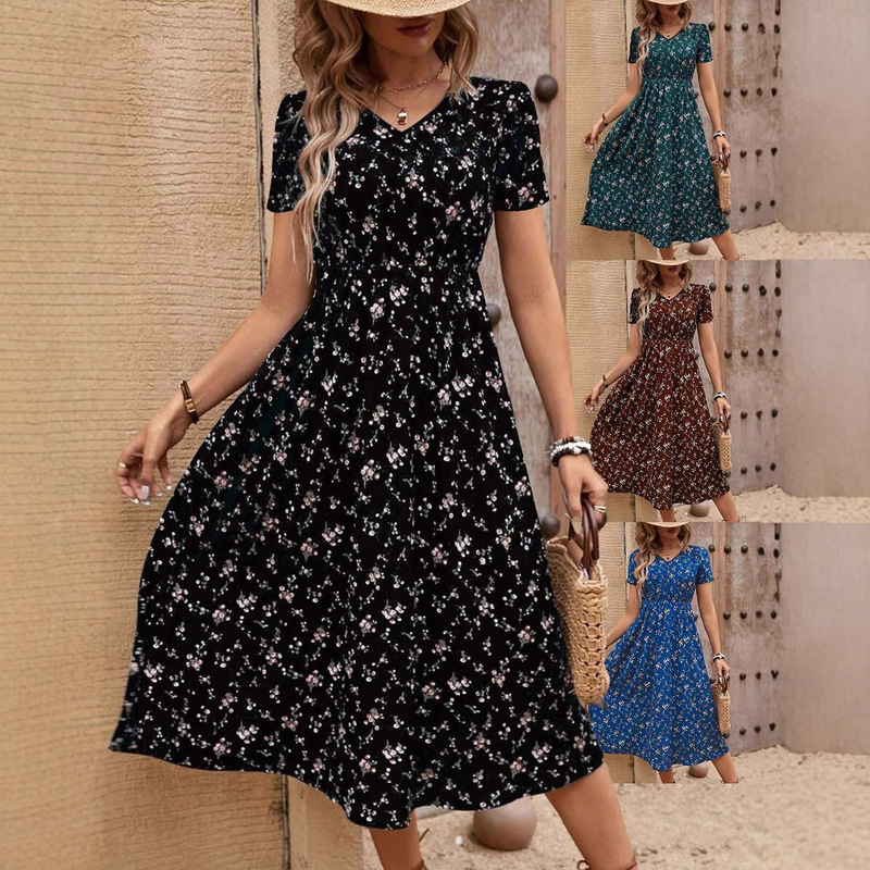 Foreign Trade Cross-Border 2025 New European and American Floral Wrap Lace-Up Waist V-Neck Dress Long Style Foreign Trade Cross-Border 2025 New European and American Floral Wrap Lace-Up Waist V-Neck Dress Long Style