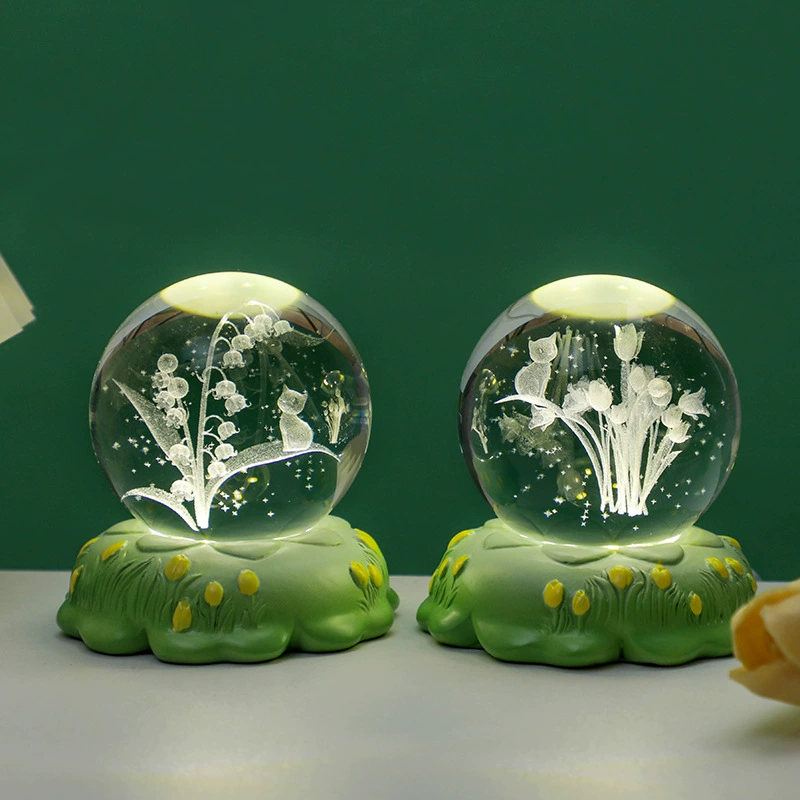 Креативный ночник в виде хрустального шара с тюльпанами, 3D внутренняя резьба, светящийся настольный декор, подарок на день рождения для девочек
