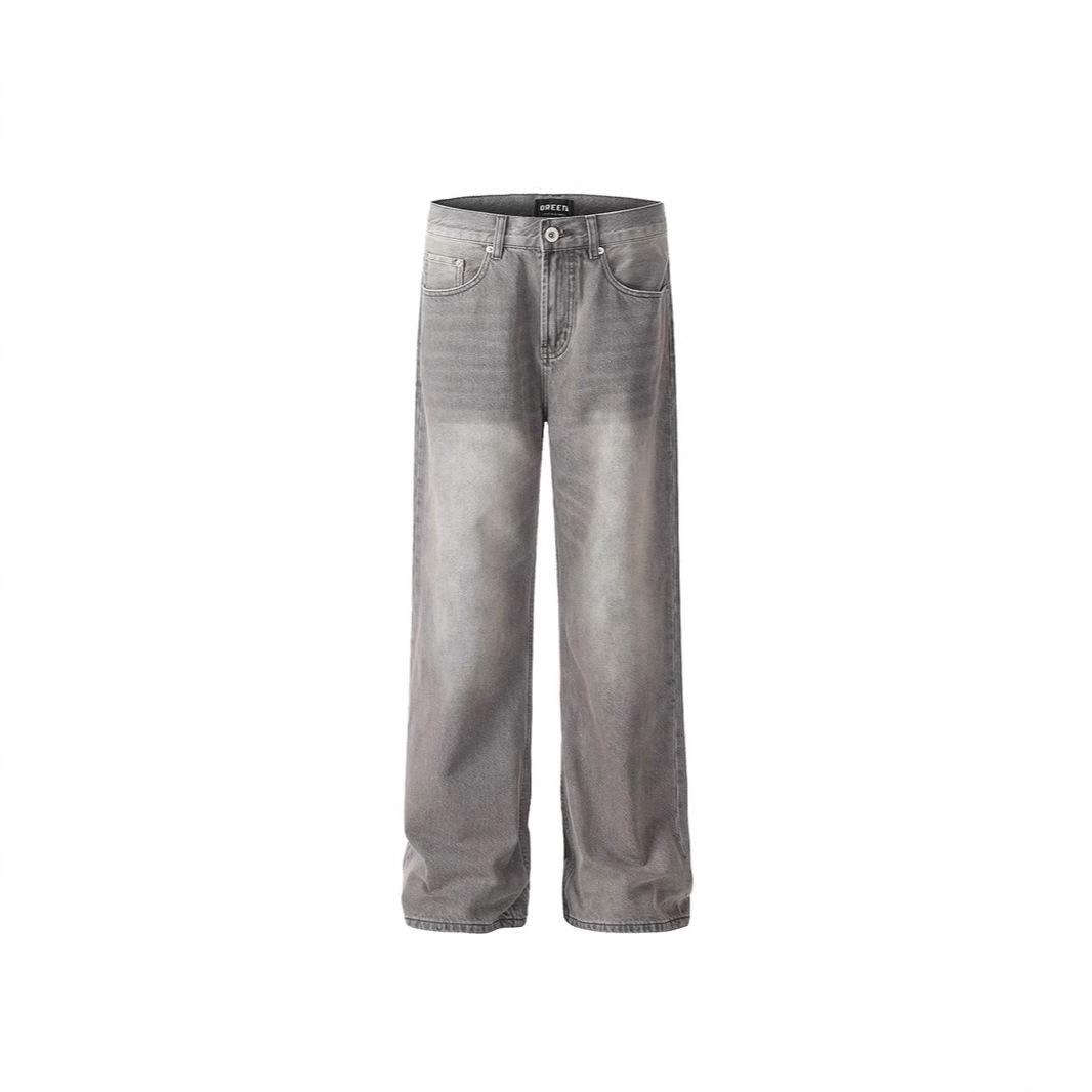 Men's Charcoal Gray Flared Jeans American Style Washed Vibe Straight Leg Loose Fit Casual Pants Mid Waist Slight Stretch_mkmklike.com
