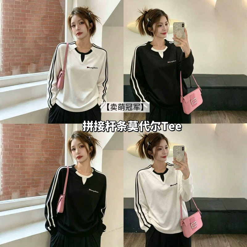 【Cute Champion】Spliced Modal T-shirt with sporty lettering, casual long-sleeve top, slimming base shirt 【Cute Champion】Spliced Modal T-shirt with sporty lettering, casual long-sleeve top, slimming base shirt