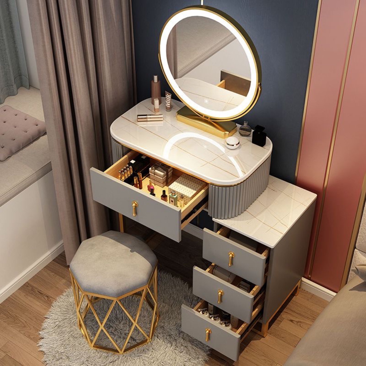 Pj Light Luxury Rock Dressing Table Bedside Storage Cabinet Integrated Women's Bedroom Modern Simple Makeup Table Small Apartment Multi-Power