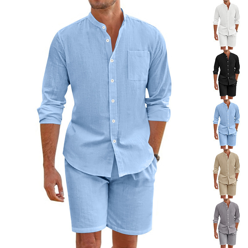 Cross-Border Men's Linen Henry Button-Down Long-Sleeve Shirt and Shorts Set, Casual Loose Beach Wear, Refreshing and Breathable