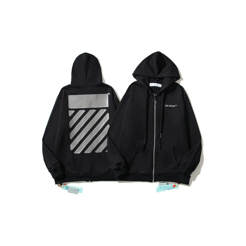 Off-White Silver Reflective Zebra Stripe Square Zipper Hooded Jacket Unisex Reflective Print Cardigan Sweatshirt