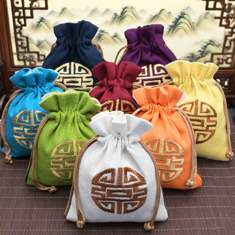 棉麻材质印花喜糖布套绑带式文玩收纳袋宗教用品束口袋批量拿货