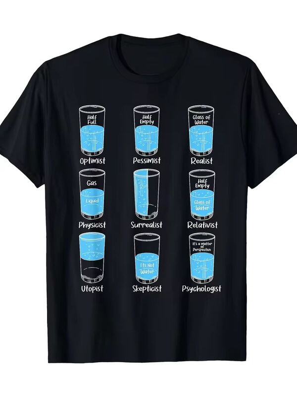 Men's T-shirt Summer Half-full-Half-empty Meme Psychological Women's Cotton T-shirt Streetwear Casual Loose Fit for Couples