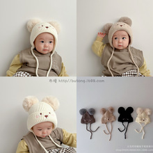 韩版可爱双毛球儿童针织护耳帽子秋冬卡通小童宝宝保暖系带毛线帽