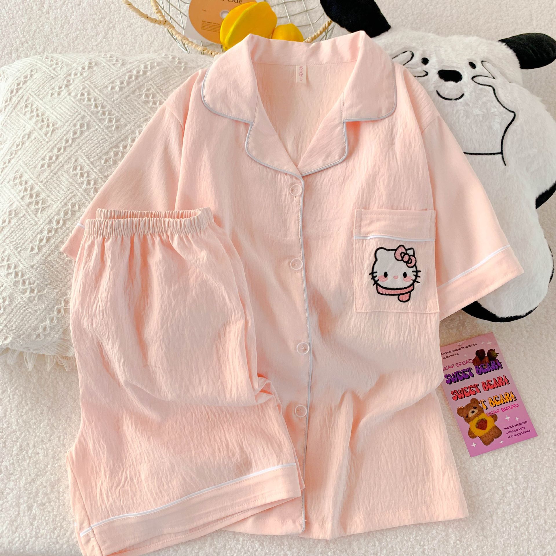 Al por mayor transfronterizo explosión de verano nubes cardigan solapa pijamas de niña dulce mangas cortas pantalones cortos set de ropa para el hogar