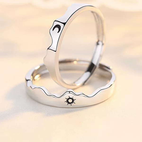 Sun, Moon, Mountain, Sea Couple Rings, Unique Design Matching Rings, Valentine's Day Birthday Gift for Boyfriend or Girlfriend