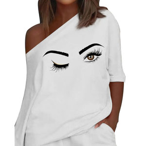 product - wholesale Summer Printed Diagonal Collar Long Sleeve Casual Loose Outfit Women - 4