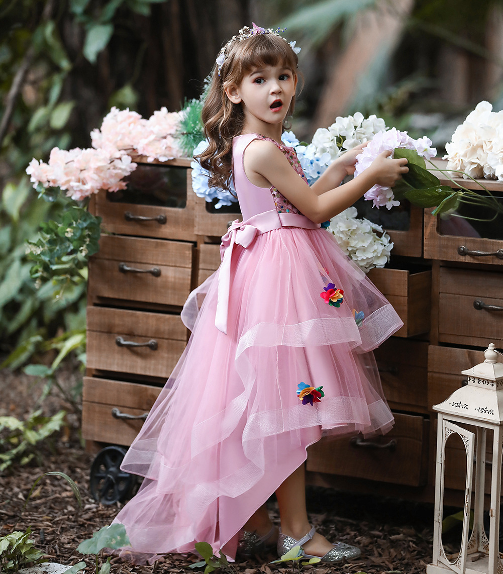 2022 europeos y americanos nuevos niños princesa vestido niñas malla flor chaleco trailing vestido piano rendimiento ropa