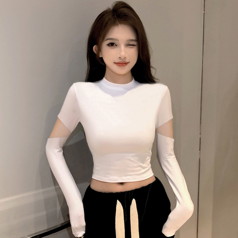 螺纹黑色半高领打底衫女春秋内搭针织短款长袖t恤破洞紧身上衣潮|undefined