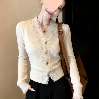 超好看V领毛边针织打底衫女秋冬感毛衣内搭漂亮轻奢上衣