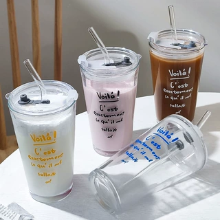 ins风果汁杯礼品杯批发家用玻璃杯咖啡杯高颜值大容量带盖吸管杯
