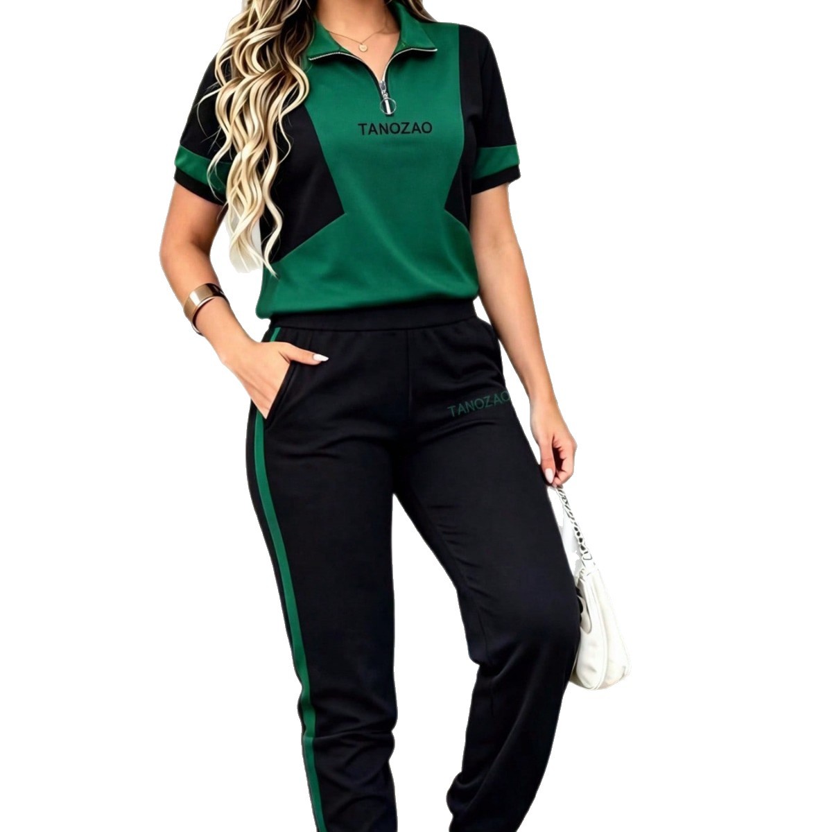 Women's Casual Sportswear Set Spring/Summer Color Blocked Polo Shirt & High Waisted Striped Pants Regular Fit_ecoleips.com