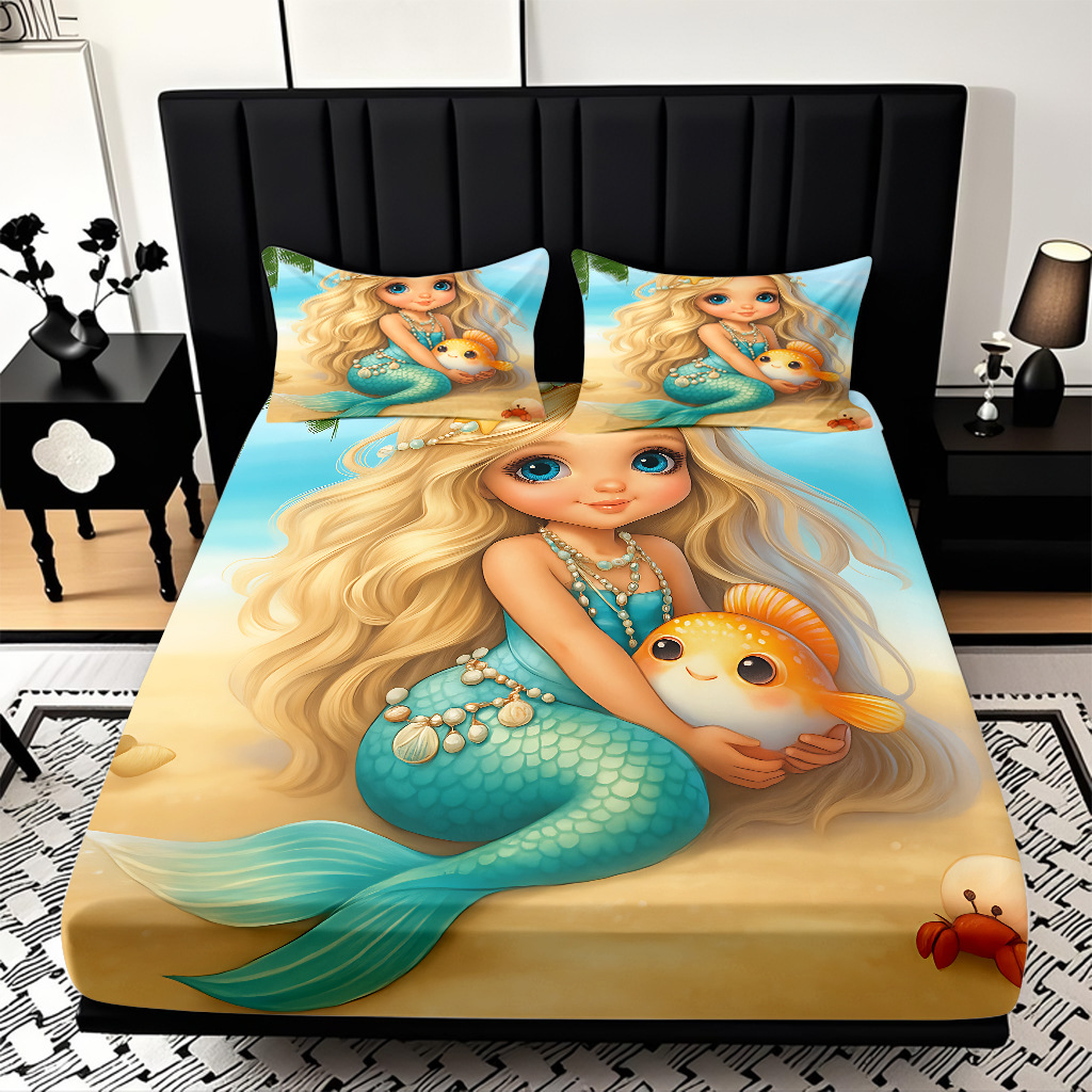 JIT modo Temu 3D impresión de caricatura sirena cama textil casera camisa ropa de cama tres piezas set transfronterizo mayorista
