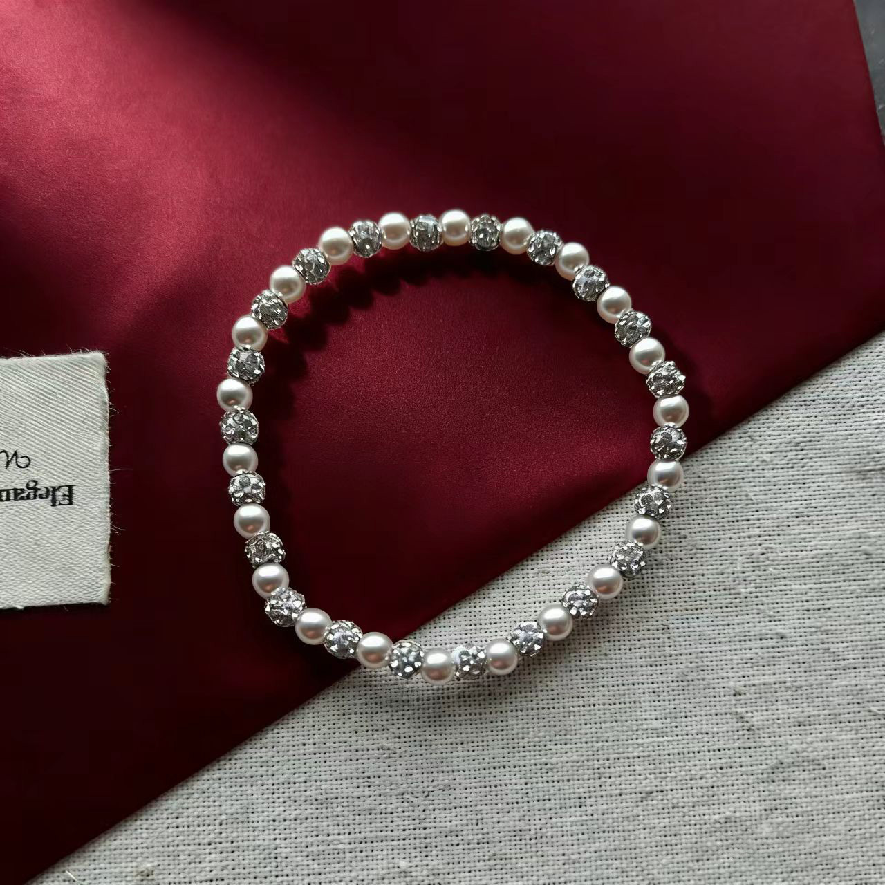 【탄력 스트링 팔찌】 4mm 만타 로즈 진주 큐빅 볼 팔찌