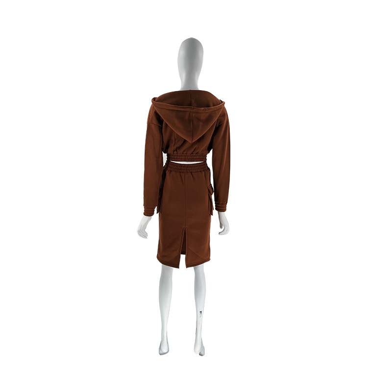 Women's Skirt Suit V Neck Hooded Solid Colour Long Sleeve Set_voghion.com