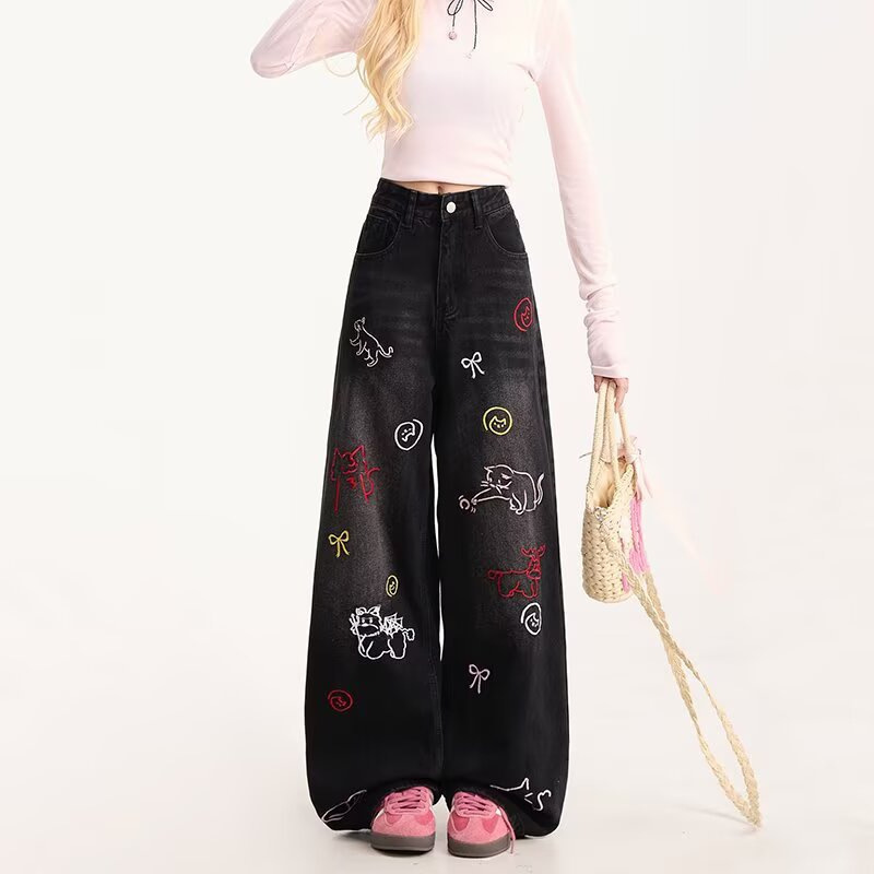 American Retro Cartoon Embroidered Jeans for Women Summer New High Street Hot Girl Wide Leg Straight Casual Trousers American Retro Cartoon Embroidered Jeans for Women Summer New High Street Hot Girl Wide Leg Straight Casual Trousers