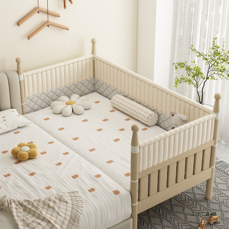 Solid Wood Children's Bed with High Guardrail, Baby Princess Bedside Bed, Widened Side Crib, Spliced ​​Large Bed, Liftable